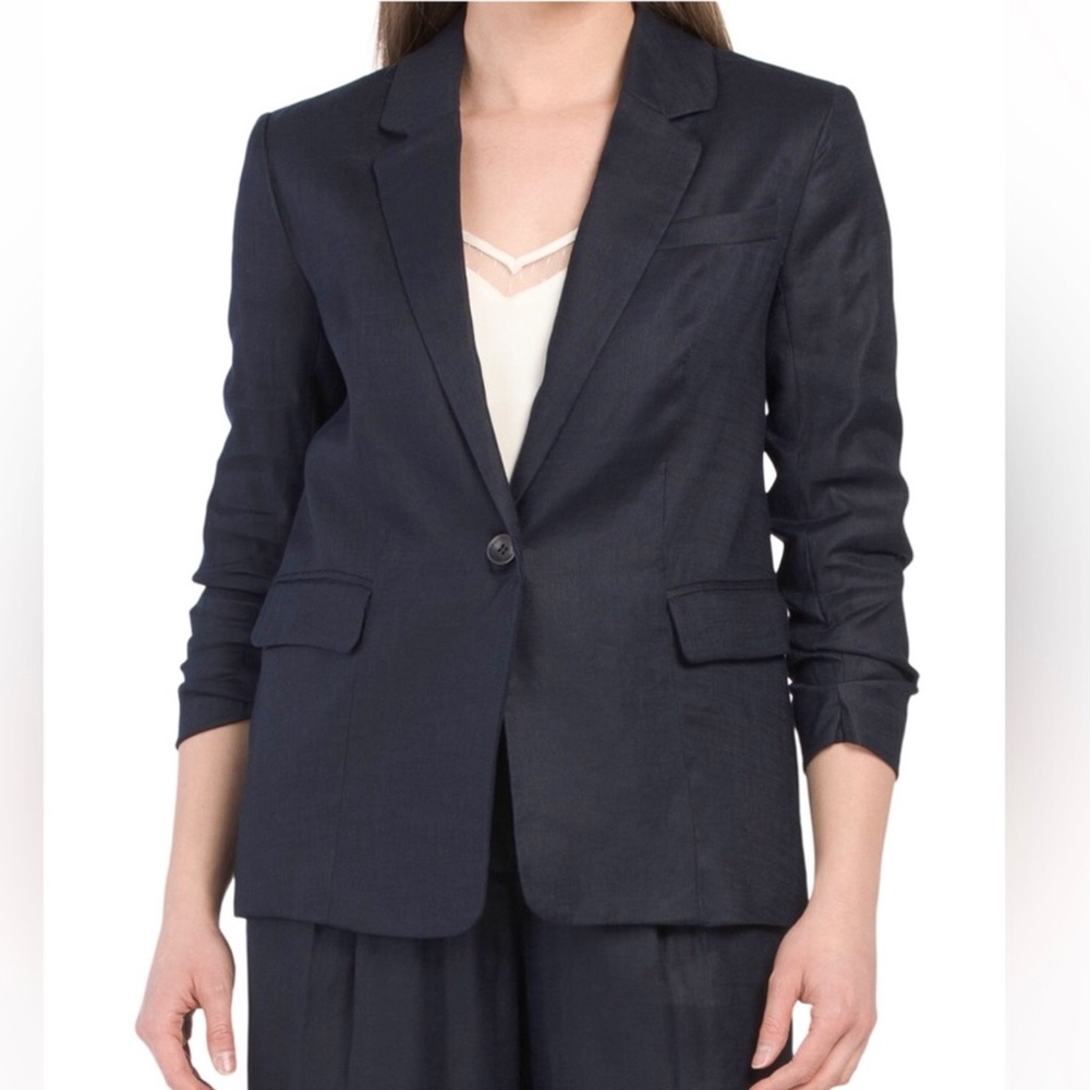 ELIE TAHARI Navy Linen Blend Blazer